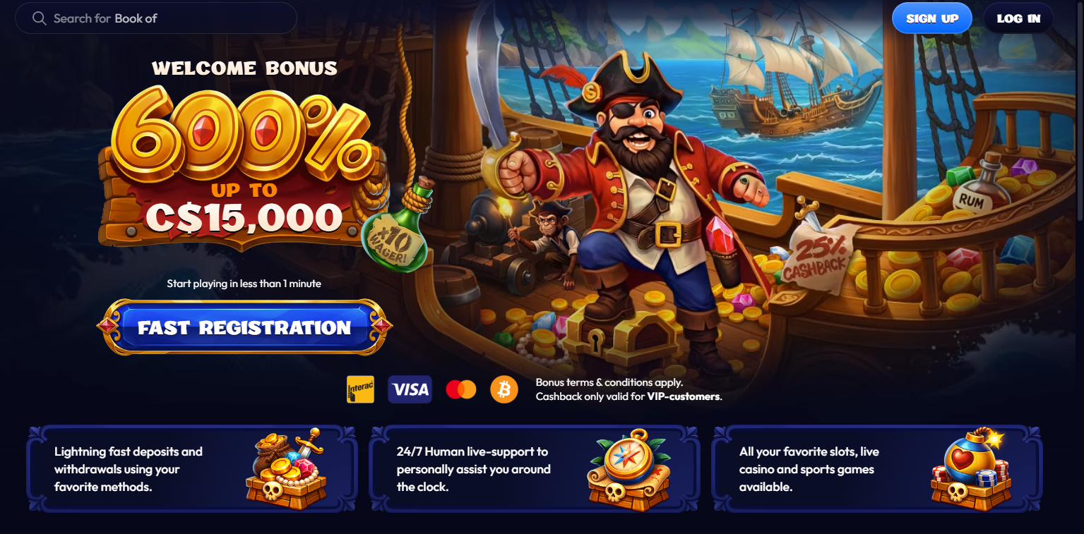 Smash Casino homepage — 600% welcome bonus up to C$15,000, fast registration, x10 wagering, 25% VIP cashback