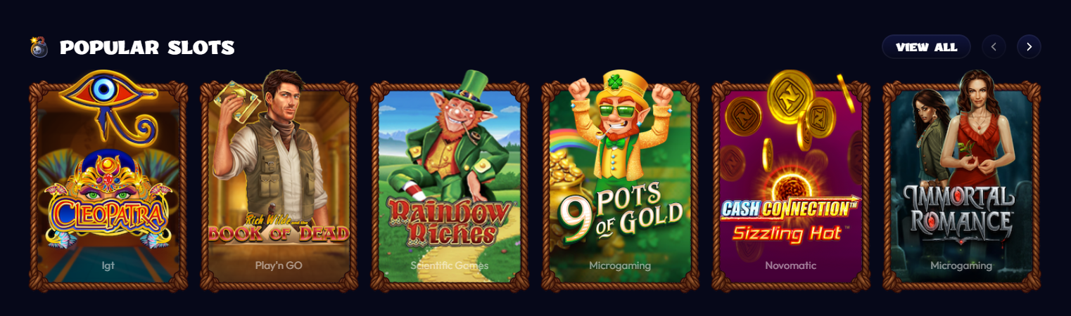 Smash Casino popular slots — Cleopatra, Book of Dead, Rainbow Riches, 9 Pots of Gold, Immortal Romance