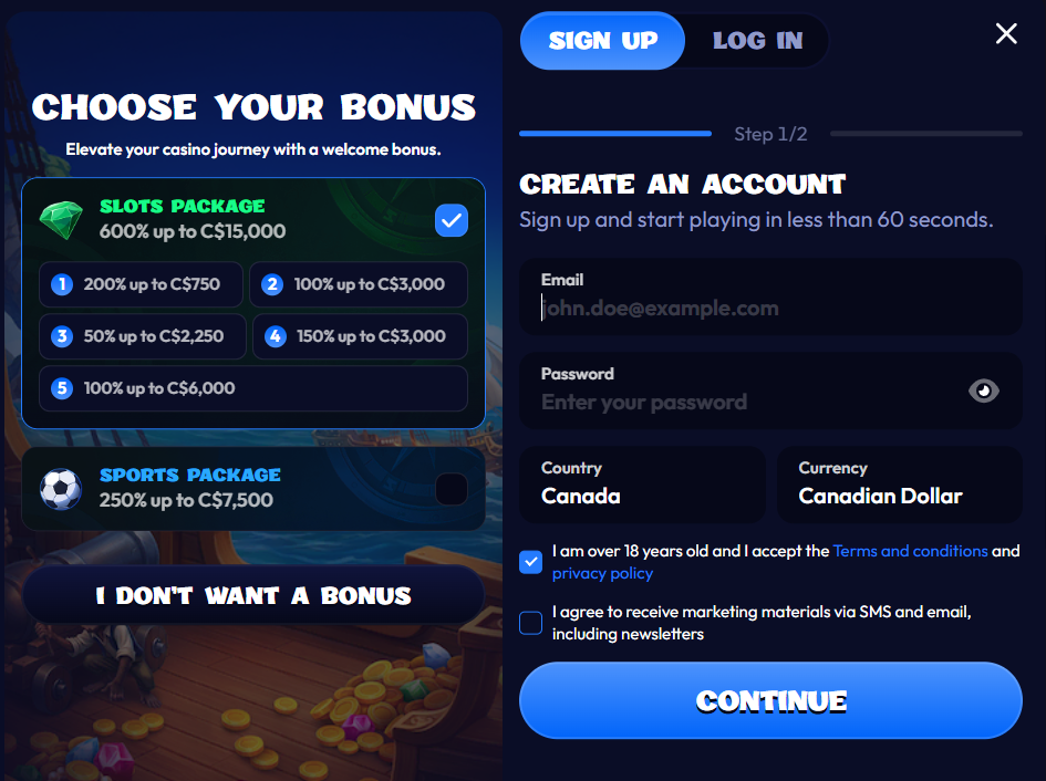 Smash Casino registration form — choose Slots Package 600% or Sports Package 250%, fields for email, password, country and currency