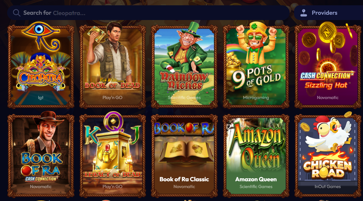 Smash Casino slots library — Cleopatra IGT, Book of Dead Play'n GO, Rainbow Riches, 9 Pots of Gold Microgaming, Book of Ra Novomatic, Legacy of Dead, Amazon Queen, Chicken Road