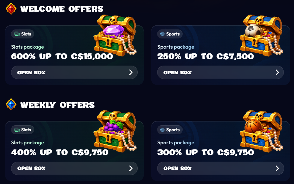 Smash Casino bonuses — Slots welcome package 600% up to C$15,000, Sports 250% up to C$7,500, weekly reload offers 400% and 300%